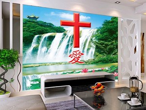 电视背景墙壁纸 大型壁画基督教十字架墙纸 耶稣山水牧羊图墙布