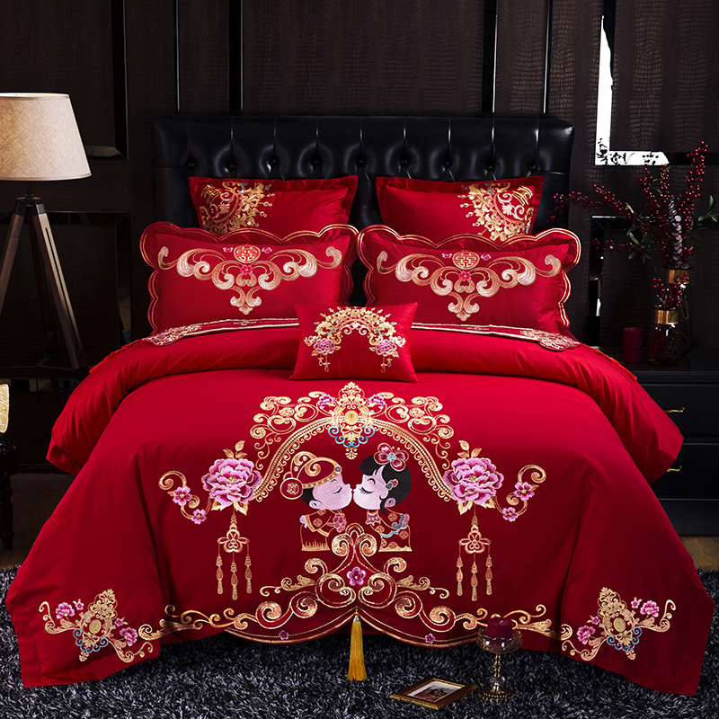 新婚庆四件套全棉大红色纯棉刺绣结婚礼六八十件套喜被子床上用品