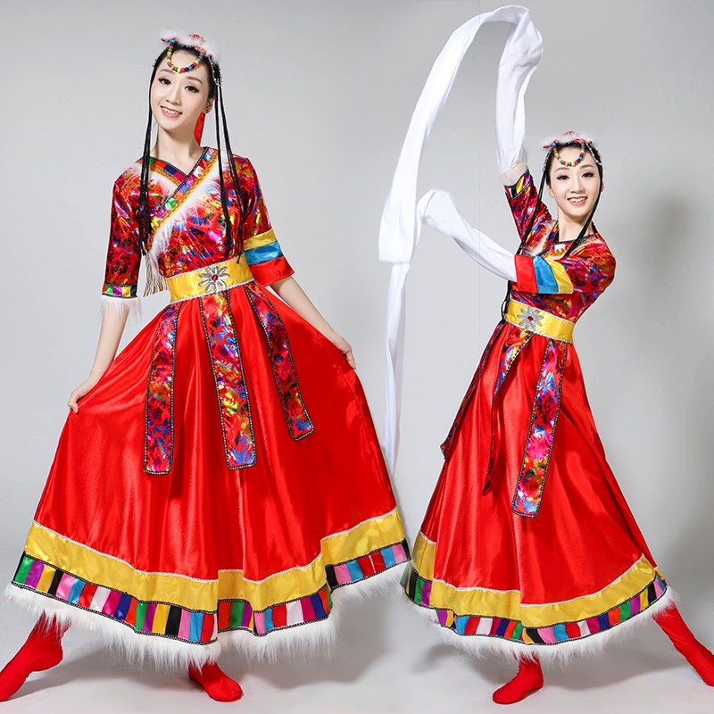 藏族舞蹈演出服装女 成人 水袖演出服长裙藏族舞民族服装表演服饰