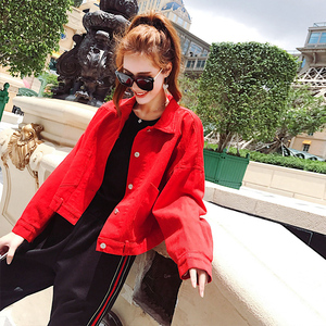 西西小可秋季短款红色长袖棒球服牛仔外套女装休闲上衣飞行员夹克杨桃