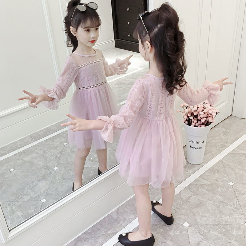 女童连衣裙2019春装新款儿童时尚蕾丝长袖韩版女孩洋气网纱公主裙