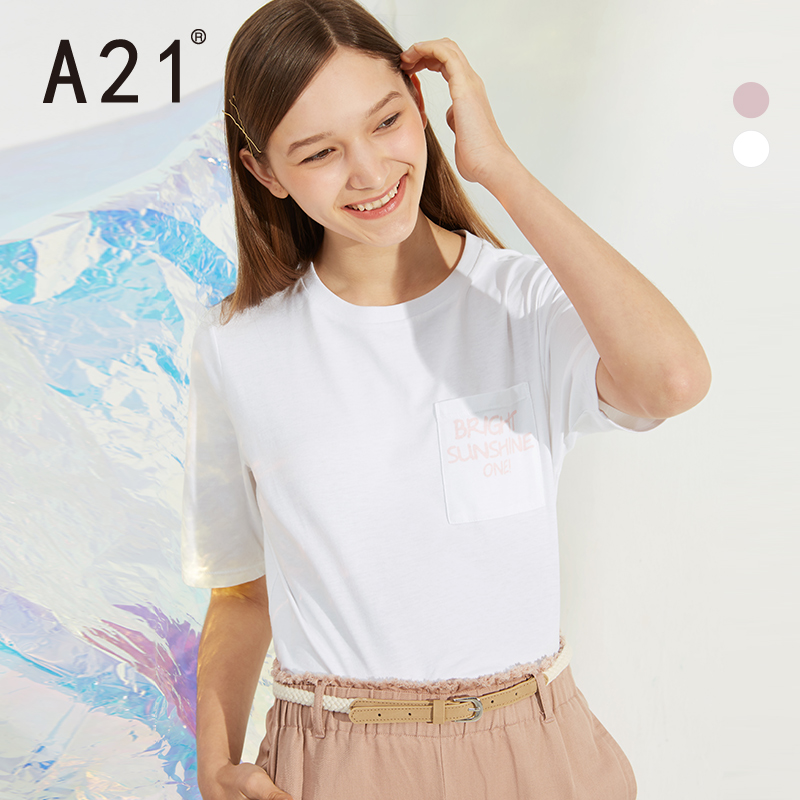 A21夏季2019新款女装中袖T恤 休闲女生衣服宽松纯色短袖上衣女薄