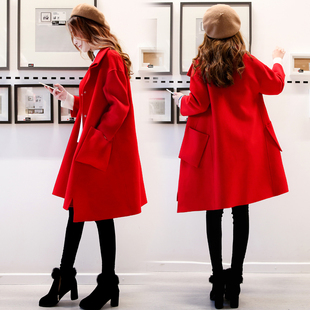 呢子大衣女中长款2017冬装新款韩版大码宽松加厚气质红色毛呢外套