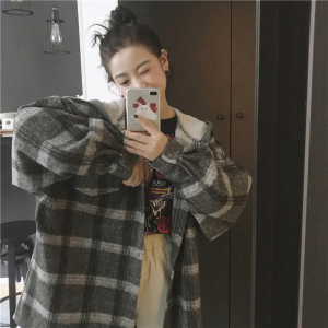 春装女装韩版宽松卫衣连帽长袖格子呢子衬衣加厚衬衫上衣外套学生衬衫