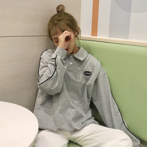 春秋女装新款韩版刺绣polo领宽松条纹翻领长袖卫衣外套学生上衣潮卫衣女