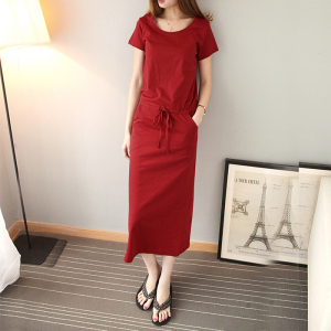 2018夏季新品韩版休闲宽松圆领抽绳收腰显瘦大码短袖连衣裙女长裙连身裙