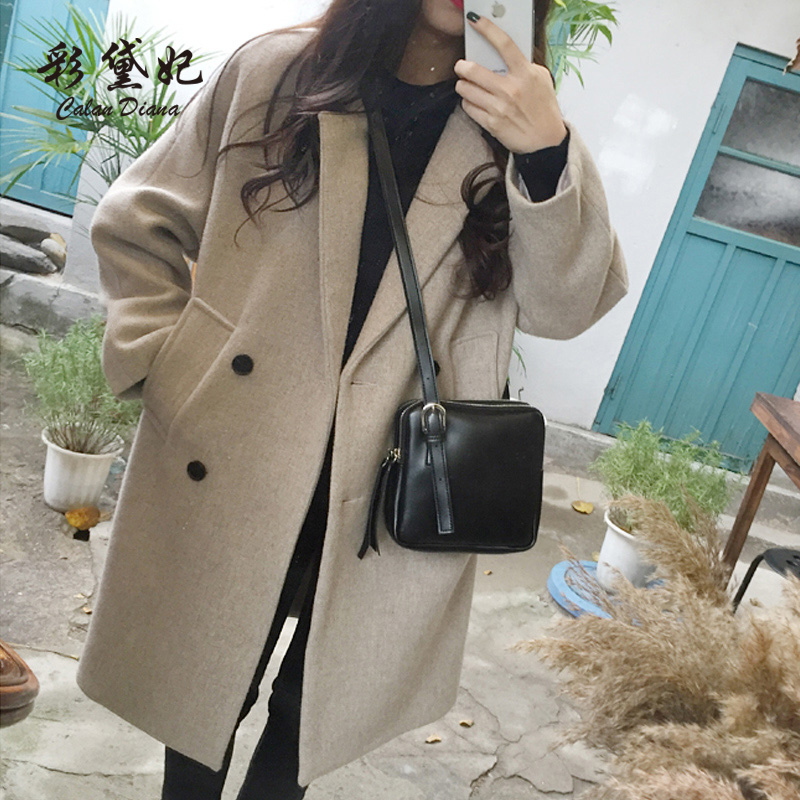 彩黛妃2018秋冬新款韩版女装毛呢外套修身显瘦大码中长款呢子大衣