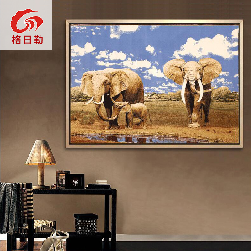 蒙古国进口羊毛挂毯客厅沙发背景墙幸福三口之家大象艺术地毯壁画
