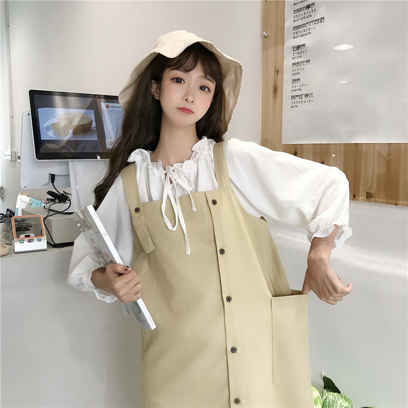 休闲套装女装春装2019新款韩版学生背带牛仔连衣裙+白衬衫两件套