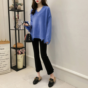 V领套头毛衣女2018春季韩版chic长袖针织衫打底衫破边上衣小衫潮毛衣