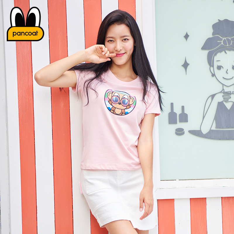 PANCOAT时尚潮牌夏新品女士粉色小猴印花T恤短袖PCATE182076W