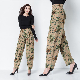 亚麻花色休闲女士灯笼裤收脚裤春秋款大码宽松松紧腰潮裤棉麻长裤