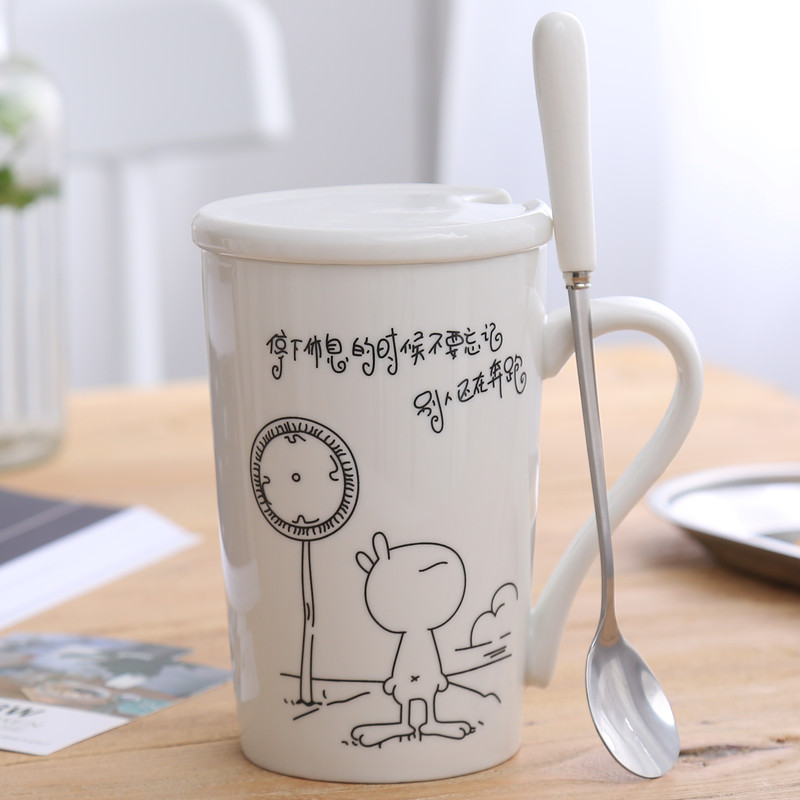 新品陶瓷杯子带盖勺马克杯咖啡牛奶创意卡通杯情侣喝水杯办公室杯