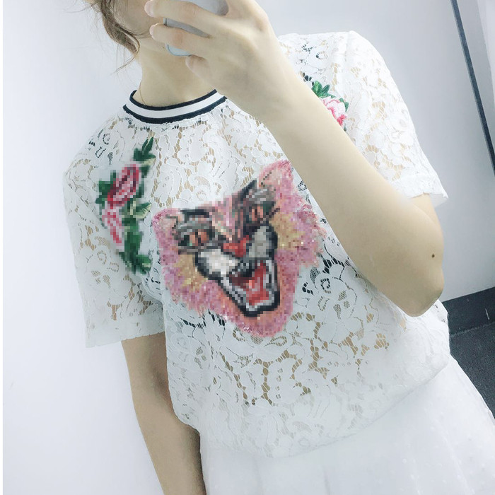 Plus lily five ya2018女夏短袖刺绣图案条纹圆领蕾T恤2GN2BL4A45