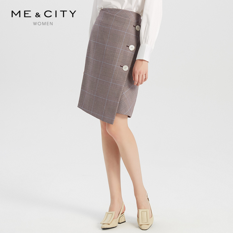 羊毛MECITY女装秋季复古时髦不对称格子半身裙