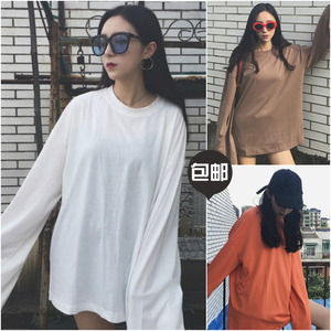 简约纯色大码复古港味长袖T恤女韩版宽松学生套头卫衣上衣打底衫杨桃