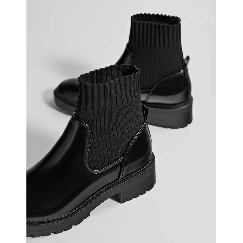 Bershka女鞋 2018秋季新款黑色弹力布拼接袜靴短靴厚底圆头机新。
