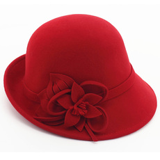 毛呢帽子女英伦韩版文艺复古小沿礼帽简约圆顶花朵欧美时尚羊毛帽