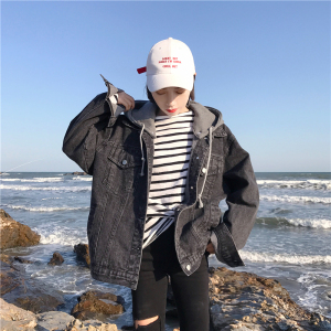 春秋季牛仔短外套女学生潮韩版宽松百搭连帽上衣夹克衫bf情侣大码牛仔外套