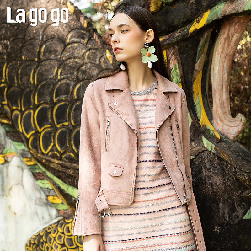 Lagogo拉谷谷2019春季新款蔷薇粉色浪漫短款外套上衣女IAWW531A56