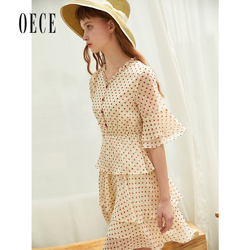 Oece2019夏装新款女装很仙的法国小众连衣裙女春秋雪纺波点裙子夏