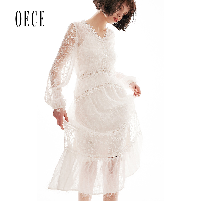 Oece2019春装新款女装 梦幻法式水溶蕾丝花边V领高腰修身连衣裙