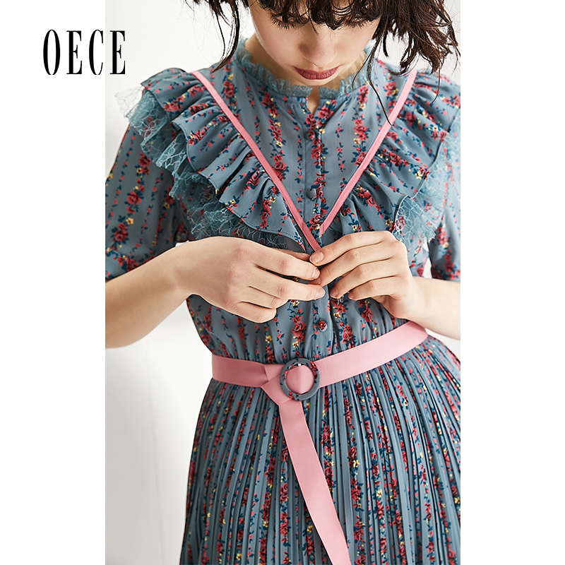 Oece2019夏装新款 优雅复古裙子小众收腰碎花韩版雪纺连衣裙女夏