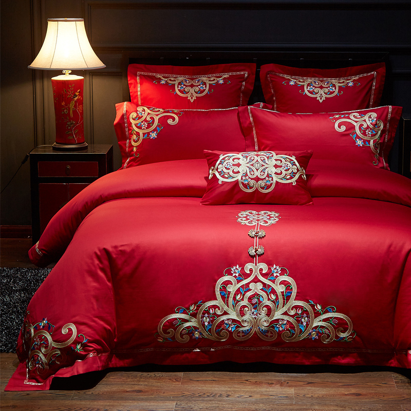 婚庆四件套大红刺绣喜被结婚婚房床上用品新婚1.8米床双人六件套