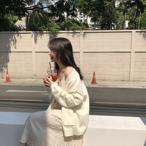 kumayes 韩版宽松女士纯色针织毛衫外套2018春装新款休闲显瘦毛衣毛衣