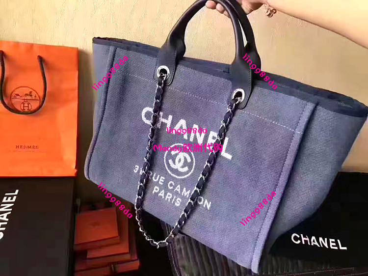 欧洲代购 chanel香奈儿 深蓝色牛仔帆布购物袋包大号手提包