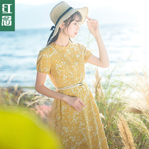 红念黄色碎花连衣裙女夏中长款2018新款女装春装打底a字裙长裙子连衣裙