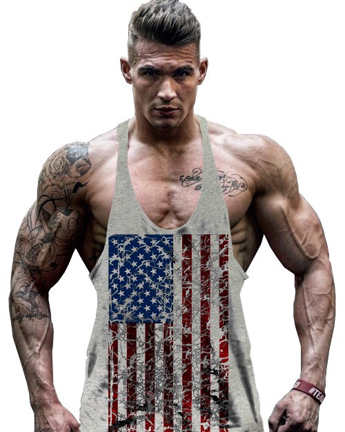 ebay新款男健身背心运动美国国旗裂肌肉棉欧美大码