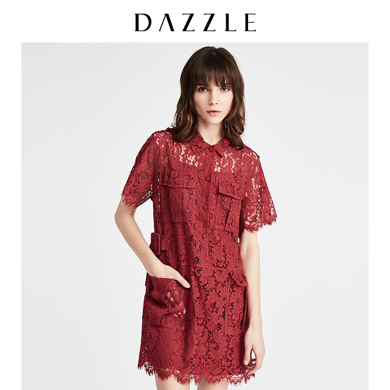 DAZZLE地素 2019夏装新款复古工装元素蕾丝连衣裙女 2G2O4287K