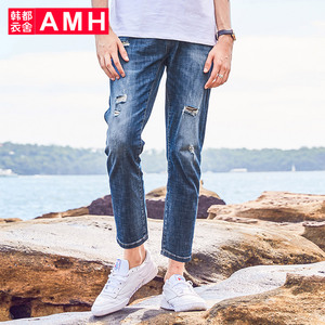 AMH男装韩版2018夏季新款青年学生休闲破洞九分牛仔裤男ONX8311琎男装夏青年