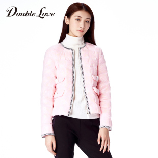 doublelove女装2016秋冬新款甜美粉色拼接短款羽绒服外套