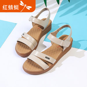 红蜻蜓女鞋2018夏季新款真皮舒适软底增高凉鞋休闲百搭平底女凉鞋真皮凉鞋