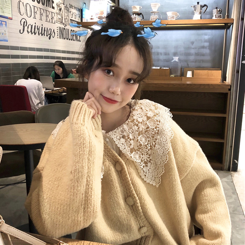 韩版时尚休闲套装春季女装V领毛衣开衫外套+蕾丝娃娃领衬衫两件套