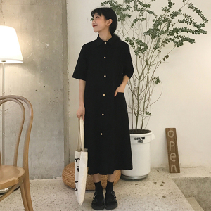 春夏女装韩版气质中长款宽松单排扣短袖衬衫连衣裙a字裙长裙显瘦连身裙