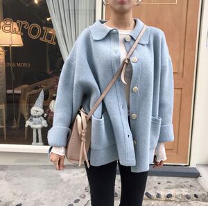ins甜美女孩博主早春宽松百搭韩国chic纯色单排扣针织衫毛衣外套毛衣