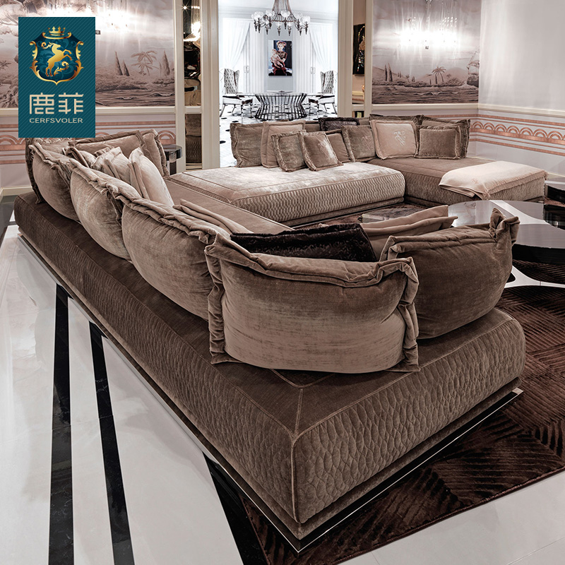 鹿菲艺术家具定制生产 意大利时尚简约多人转角沙发 欧式布艺沙发