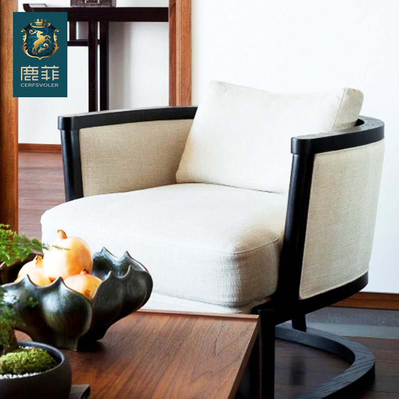 鹿菲艺术家具定制生产 欧式简约现代实木布艺休闲沙发 客厅单人