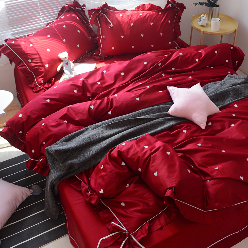 全棉新婚大红色结婚庆四件套公主风纯棉喜被床上用品婚房床品被套