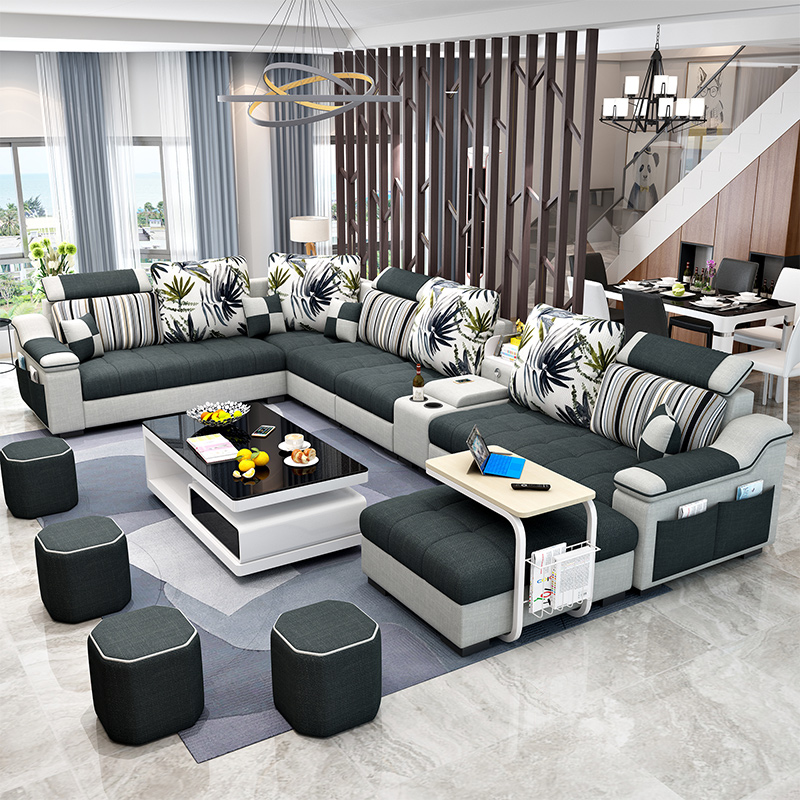简约现代布艺沙发 大小户型客厅整装家具可拆洗U型布沙发套装组合