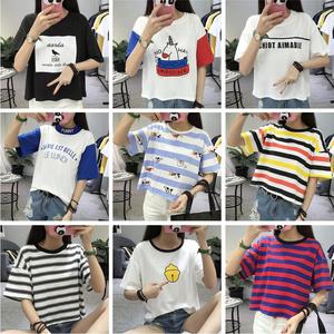 韩国东大门短袖t恤女宽松显瘦百搭条纹打底衫学生圆领大码上衣服短袖女