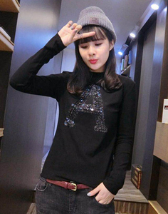 2016年秋季新款妖精修身显瘦亮片A字图案长袖t恤百搭圆领女上衣潮