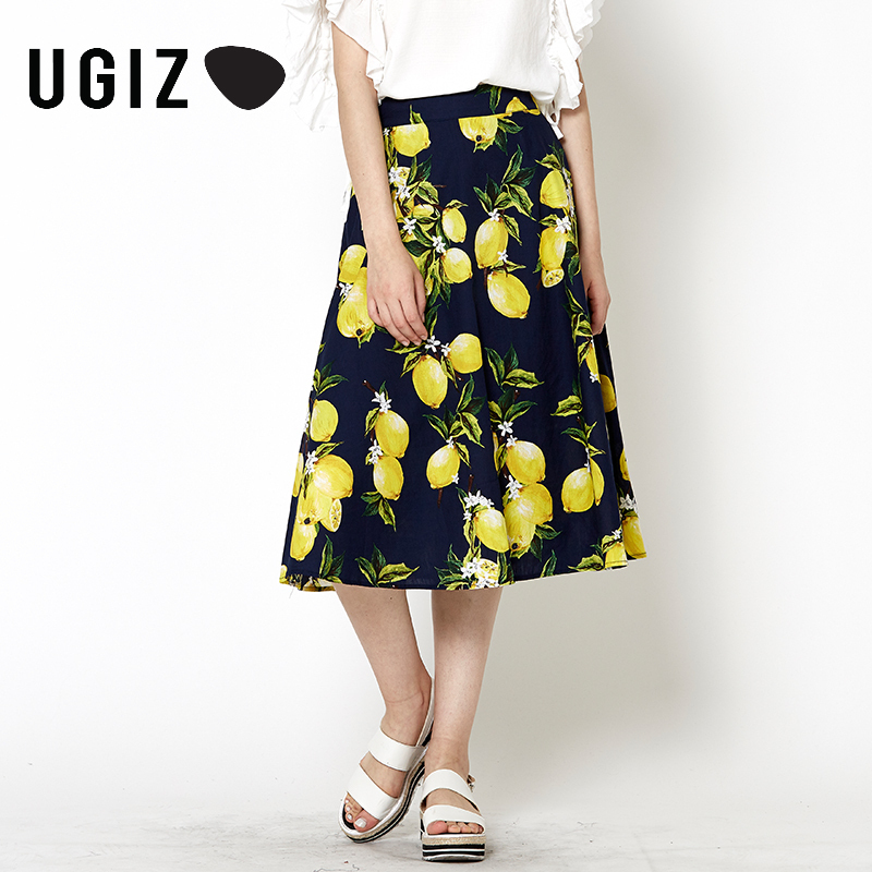 UGIZ秋季新款韩版柠檬印花休闲时尚百搭中长款半身裙女UCKA181A