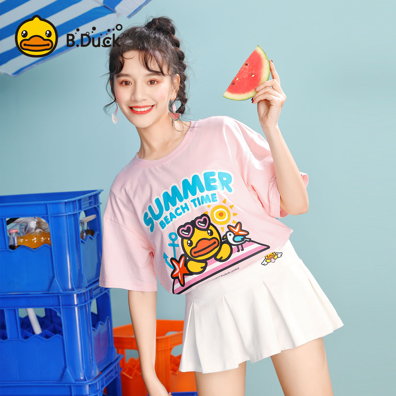 B.Duck小黄鸭2019夏装新款粉色少女学生短袖T恤女宽松上衣打底衫
