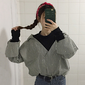 春款新款韩版学院风百搭宽松显瘦拼接假两件衬衫女学生衬衣打底衫女式衬衫