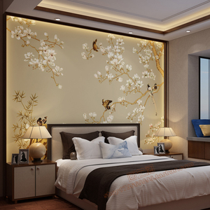 新中式壁画卧室床头背景壁纸电视沙发墙纸 span class=h>玉兰花 /span