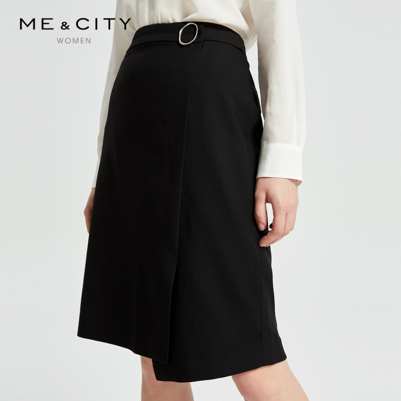 MECITY女2019春季新款优雅隐形大口袋A字高腰黑色包臀半身裙